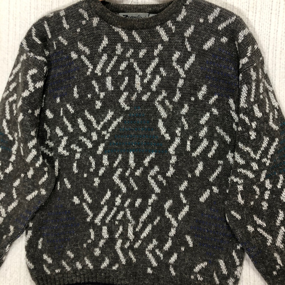 Zeppelin Abstract Crew Neck Sweater Gray White Acrylic‎ Vintage Small